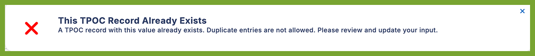 Duplicate TPOC Not Allowed